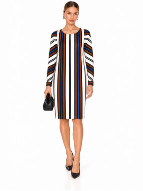Pink Tartan Striped Long-Sleeve Shift Dress - Cream, Blue & Brown slimming